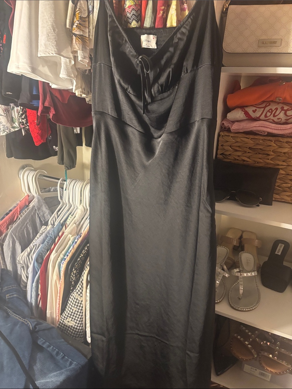 Wilfred Black Satin Maxi Slip Dress with Cowl Neck